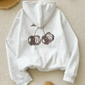 Women's Leopard Cherry Print Drop Shoulder Thermal Lined Hoodie, Fashion Casual Drawstring Pocket Hooded Sweatshirt for Daily Holiday Outdoor Wear, Women Clothing for Fall & Winter