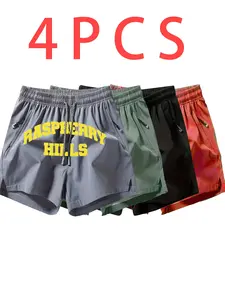 4-Pack Raspberry Hills Print Quick-Dry Gym Shorts, Men's Zip Pocket Elastic Waist Casual Fitness Shorts, Lightweight Breathable Summer Training Shorts