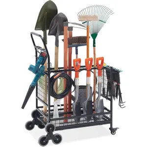 Garden Tool Organizer  Garage, Yard Tools Storage Rack with 2 Stair-Climbing Wheels, Gardening Tool Storage Holder  Garage, Yard, Lawn and Outdoor, Garden Tool Rolling Cart