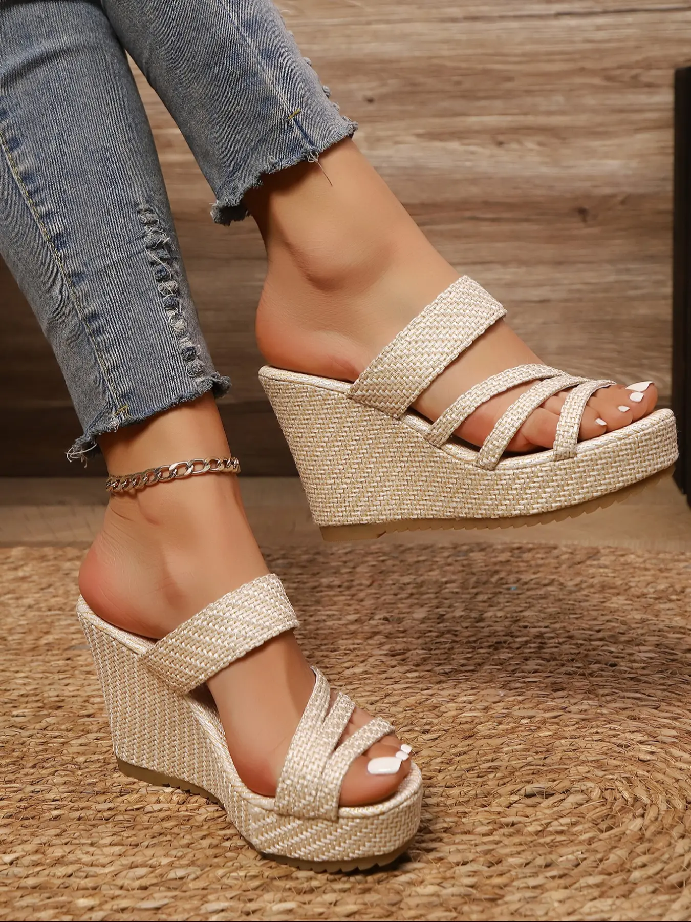Women's Fashion Canvas Buckle Sandals, Espadrille Platform Wedges, Thick Sole Slip-On Shoes for Daily Wear, Comfortable Casual Footwear for Women, Espadrilles Platform Sandals