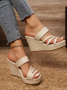 Women's Fashion Canvas Buckle Sandals, Espadrille Platform Wedges, Thick Sole Slip-On Shoes for Daily Wear, Comfortable Casual Footwear for Women, Espadrilles Platform Sandals