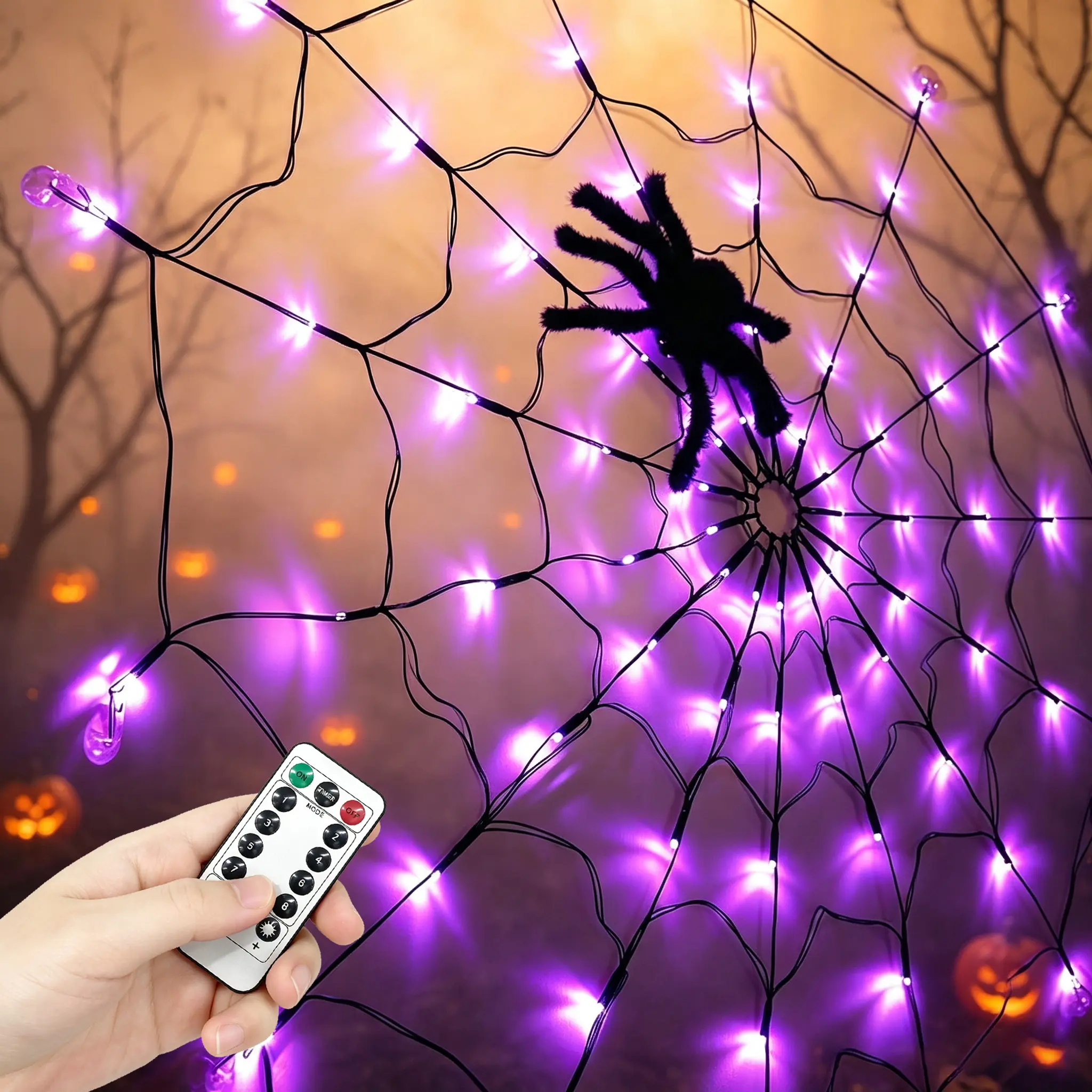 Halloween Spiderweb Light Decoration – 4.25 ft (approx. 1.3 m) diameter, 70 LEDs with black spiders, waterproof mesh light, includes remote control, 8 modes; suitable for indoor/outdoor, patio, and home Halloween spiderweb decor (Purple, Orange)