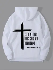 Men's Cross & Letter Print Drop Shoulder Hoodie, Fashion Casual Regular Fit Drawstring Pocket Graphic Hooded Sweatshirt for Daily Holiday Outdoor Wear, Men Clothes for Fall & Winter