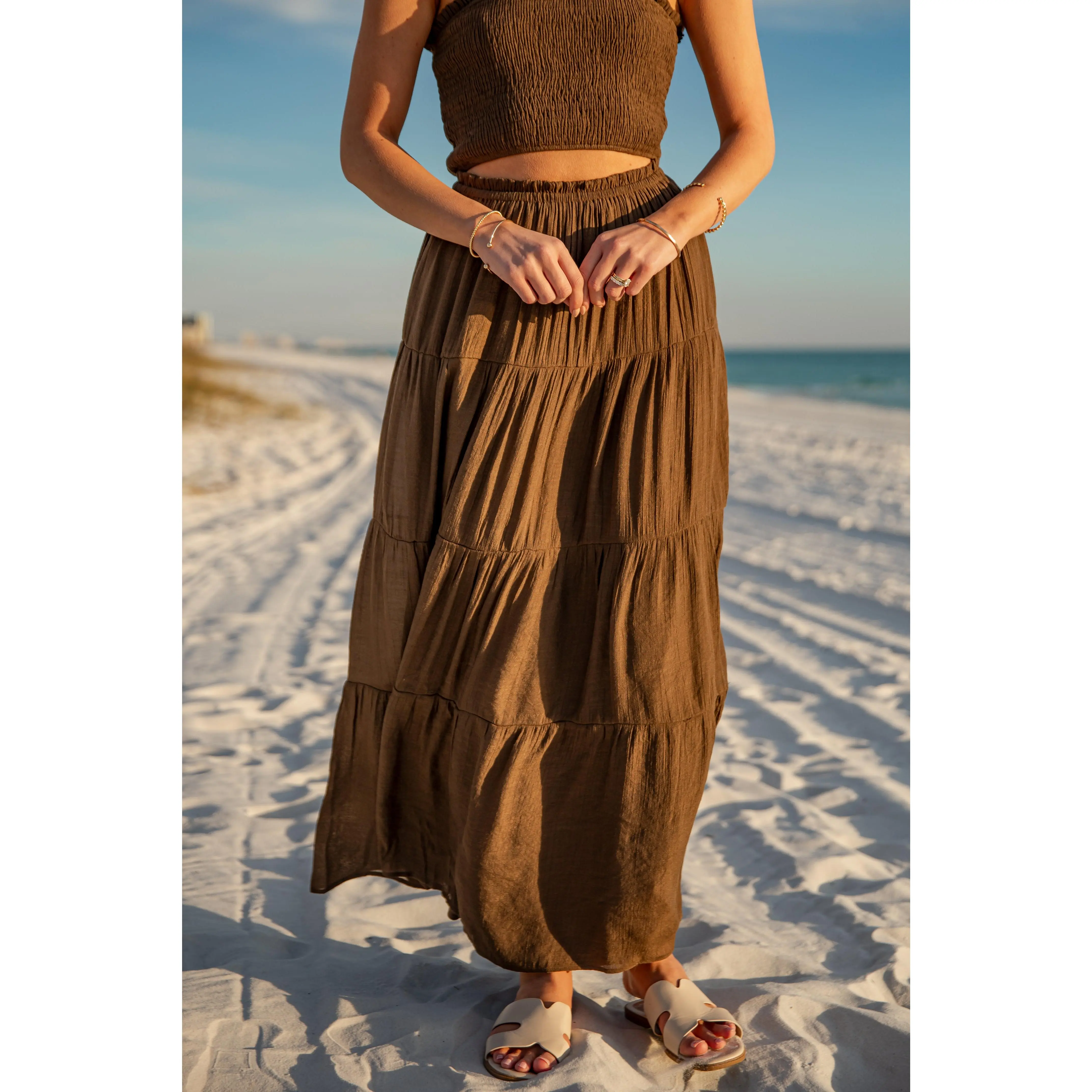 FINAL SALE - Mocha Breeze Brown Tiered Maxi Skirt