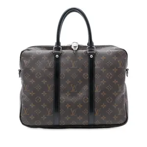 Pre-owned Louis Vuitton Canvas Coated, Leather Travel Bags Porte Documents Voyage Briefcase Macassar Monogram Canvas PM by Rebag