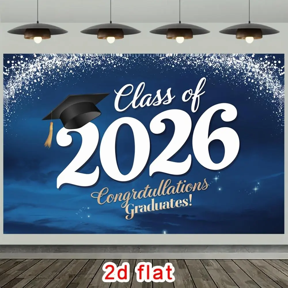 2026 Graduation Decorations, 2D Flat Polyester Banner, 1pc Class Of 2026 Blue Sparkle Grad Cap Backdrop, Elegant No-Electricity Home Party Decor, Graduation Decorations 2026