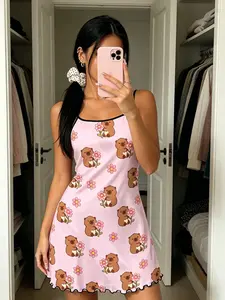 Capybara Print Strap Nightdress, Wave Edge Design, Casual Slim-Fit Sleeveless Pajama, Breathable Home Wear for All Seasons