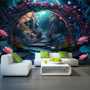 Ultra Large Size Arch Bridge Flower Mountain Road Photo Background Wall Tapestry-Wall Decorative Hanging Cloth Valentine's Day Gift Birthday Gift Party Decoration Live Broadcast Background Cloth Living Room Hostel Use with Installation Bag