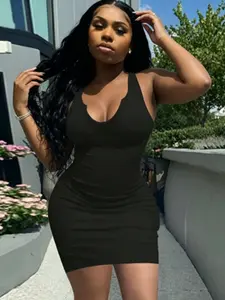 A fashionable plus size pure desire Casual style hanging neck Sleeveless black dress for women in summer, with a cinched waist to show off thinness, tight fitting buttocks, and a spicy girl skirt, suitable for home, indoor, and outdoor wear
