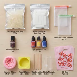Beginner Friendly Carnation Soap Making Kit All-In-One Melt & Pour DIY Soap Craft with Transparent & White Base Essential Oil Colorants Tools for Mom's Day Gift