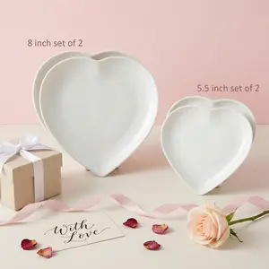 Ceramic Heart Shaped Plates Set of 2, White Dessert Plate Salad Plates Dinner Plates, Serving Plates Tableware for Appetizer, Snacks, Side Dishes, Valentine's Day Party Supplies, Microwave and Dishwasher Safe