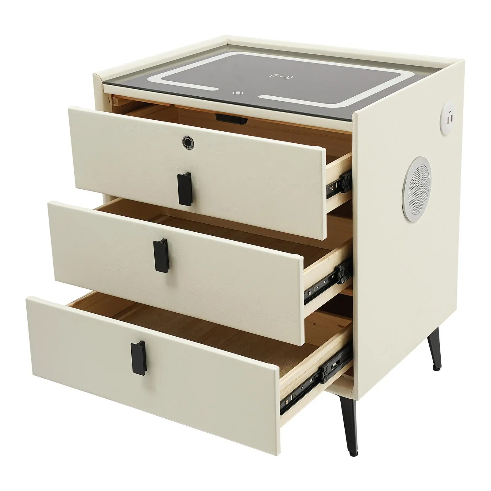 Beige-White Modern 3-Drawer Dresser with Fingerprint Lock, LED Lighting - Rectangle PU Leather Furniture Drawer, Anti-Bacterial Floor Standing Home Bedside Storage Cabinet, 50kg Capacity, 100-240vac 50/60hz, Drawers Dresser, Assembly Required