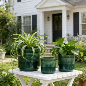 ARCH Handmade Green Glazed Ceramic Planter Set of 3, 10" 8" 6" Diameter, Square Grid Pattern, for Succulents & Herbs Indoor/Outdoor Shelf & Table Use, Breathable Clay with Drainage Holes    RR