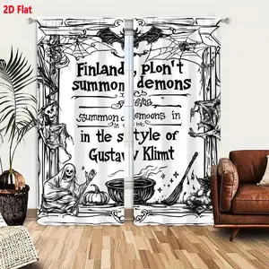 2D Flat 2-Piece Halloween Gothic Black White Curtains, Whimsical Spooky Bat Skull Pumpkin Hooded Figure Design, Demon Summoning Art-Inspired Style, Perfect for Bedroom Living Room Decor