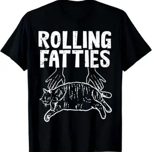 100% Cotton Rolling Fatties Cat Graphic T-Shirt, Cotton Crew Neck, Short Sleeve