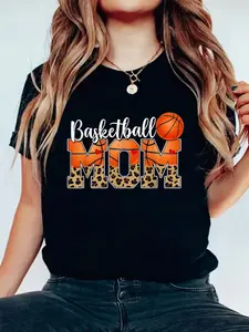Cotton Basketball Mom Graphic Print T-Shirt - Women's Casual Crew Neck Short Sleeve Top, Soft Knit Fabric, Regular Fit All-Season Wear, Machine Washable Sporty Tee for Mother's Day Gifts & Basketball Games, Basketball Shirt, Leopard Pattern Design