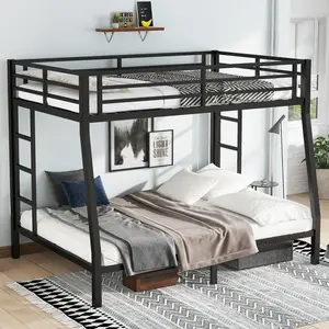 Twin over Full Bunk Bed with Ladder, Heavy Duty Metal Bunk Bed Frame with Safe Guardrail, Twin Full Size Bed Bunk Bed for Teens Adults Small Room, Black