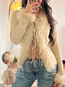 Women's Autumn Winter French Style Faux Fur Tie Long Sleeve Top, Sexy Casual Ladies' Fashion Blouse, Cozy and Stylish Outerwear Womenswear