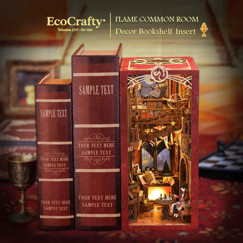 EcoCrafty Flame Common Room Decor Bookshelf Insert DIY Kit with Dust Cover & LED Light Wooden Miniature House Bookend Stand Build Creativity Decor Alley Model