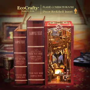 EcoCrafty Flame Common Room Decor Bookshelf Insert DIY Kit with Dust Cover & LED Light Wooden Miniature House Bookend Stand Build Creativity Decor Alley Model