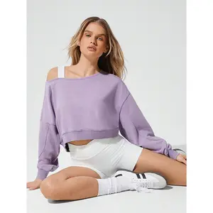 GLOWMODE Soft Skin-Friendly Washed Crop Off-Shoulder Ribbed Hem Cuffs Sweatshirt Daily Casual Wear