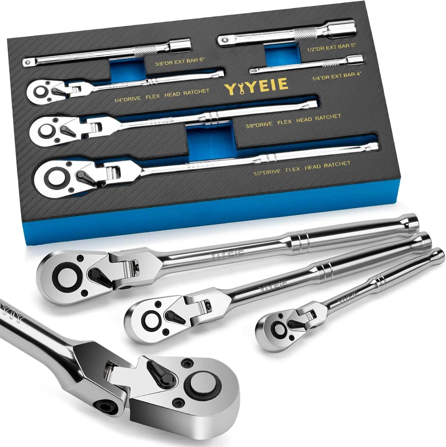 YIYEIE 6-Piece Flex Head Ratchet Set, 1/4", 3/8", 1/2" Drive, Swivel Head Ratchet Wrench with Extension Bar, 72 Tooth, 180° Adjustable, Quick-Release, Flexible Ratchet Handle with EVA Foam wrenches torque wrench flex head