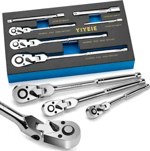 6-Piece Flex Head Ratchet Set, 1/4", 3/8", 1/2" Drive, Swivel Head Ratchet Wrench with Extension Bar, 72 Tooth, 180° Adjustable, Quick-Release, Flexible Ratchet Handle with EVA Foam wrenches torque wrench flex head
