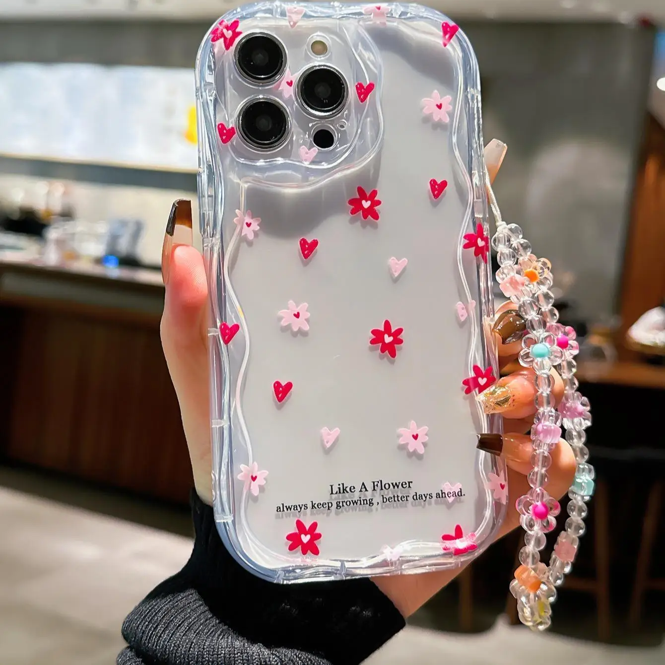 Cute Flower Pattern Smartphone Protective Case with Beaded Lanyard, Decorative Cellphone Protector Cover, Phone Accessories Compatible with iPhone, Un