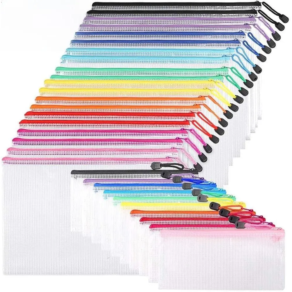 Mesh Zipper Pouch Document Bag Set, 36 count Letter Size Plastic Zip File Folders, 20 count Zipper Pencil Pouch, Assorted Color, for Office School Supplies, Travel Storage