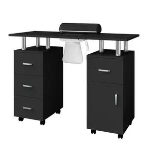 Manicure Table with Dust Collector,42" Nail Desk for Nail Tech with Lockable Wheels,4 Storage Drawers, Arm Rest,Acetone Resistant Top and Storage Cabinet Black