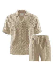 Men's Bohemian Knit Shirt and Shorts Set, Striped Jacquard Texture, Perfect for Beach Vacations and Festive Events
