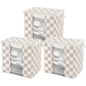 Beige Checkered Clothes Storage Bins, 100L Large Blanket Storage Bags 3 Pack, Closet Organizers and Storage Containers for Comforters, Bedding, Foldable Organizer with Handle