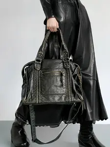 French Vintage Motorcycle Bag, Shoulder Crossbody Tote Bag, Large Capacity Women's Handbag, Soft Leather Y2K Retro Style, Pu Tote Satchel, Elegant Commuter Bag