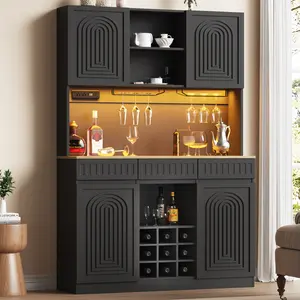 Wine Bar Cabinet with LED Lights, 71“ Tall Modern Fluted Coffee Bar Cabinet with Charging Station & 9-Cube Wine Glass Rack