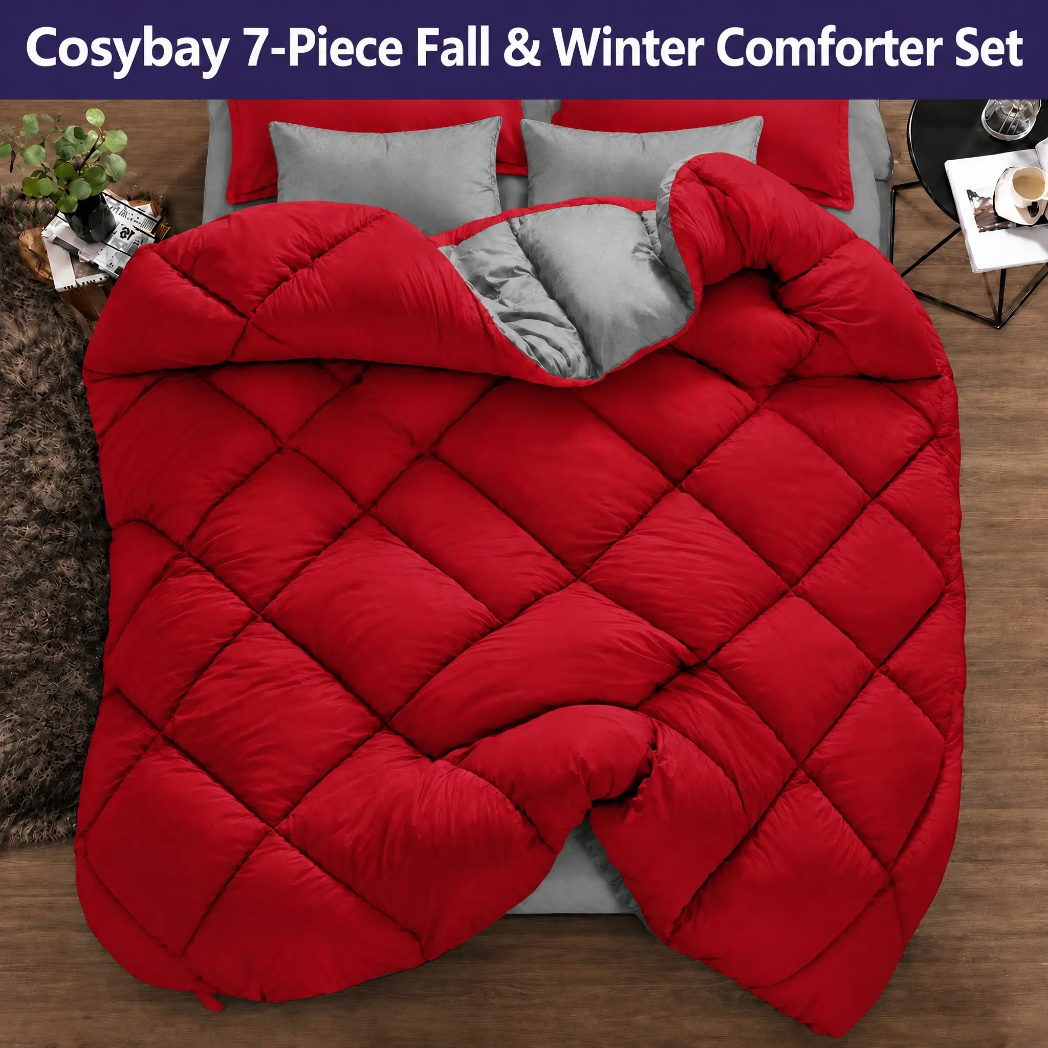 Cosybay Full Queen King Size Comforter Set,7 Pieces Bed in a Bag,Queen Comforter Set,All Season Bedding Set with Down Alternative Comforter, Flat Sheet & Fitted Sheets, Pillowcases & Pillow Shams,Christmas Winter Quilt set,Machine washable,new year gifts