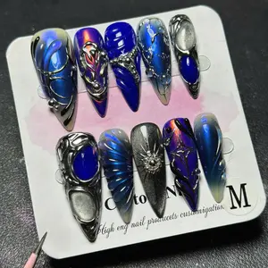 Chrome Aura Press On Nails Long Stiletto Metallic Blue Purple Gradient 3D Sculpted Acrylic Nail Set Reusable Glossy Finish