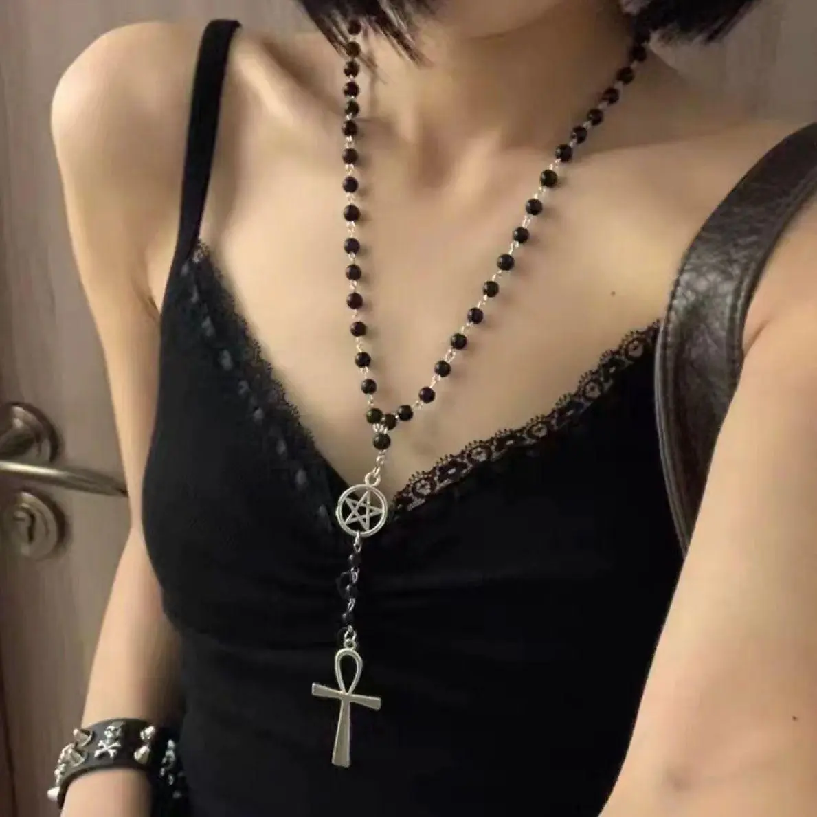 Ankh and Pentagram Rosary Necklace , Wicca, Pagan Rosary Black Beads Charm Jewelry for Women Gift Fashion Simple Jewellery