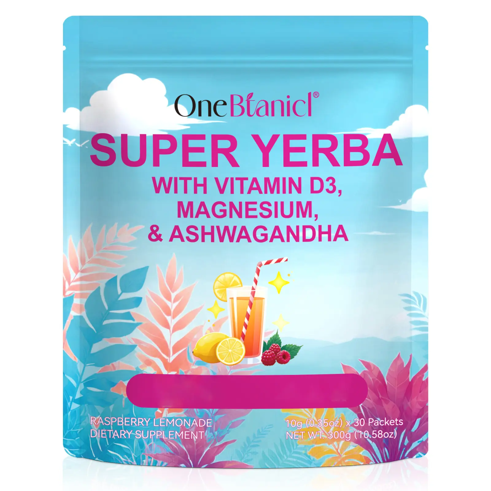 ONEBTANICL Super Yerba Mate Instant Energy Tea Powder Drink Mixes - 30 Packets, Raspberry Lemonade Flavor, Sugar-Free, Vitamin-Infused, 100g Dietary Fitness Beverage, 3-Year Shelf Life, Low-Calorie Health Supplement for Summer
