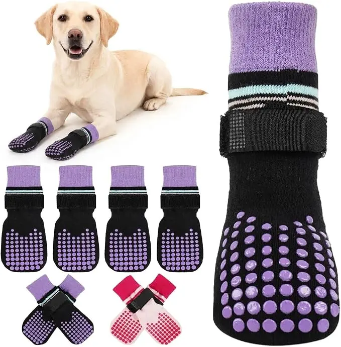 Kuoser Non Slip Dog Socks with Adjustable Strap for Small Medium Large Dogs | Double-sided silicone grips provide strong traction and prevent slipping on slick hardwood floors.