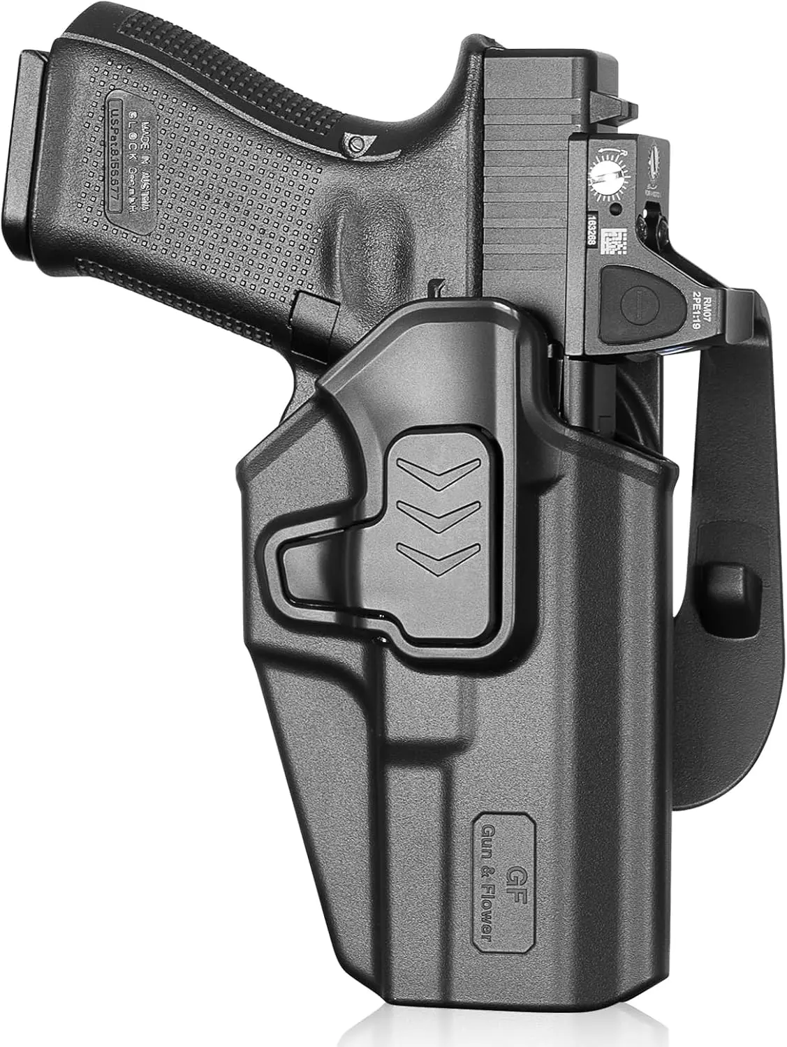 OWB Paddle Holster for Glock 17/19/19X MOS, Fits G22/G23/G31/G32/G44/G45/G47/G49, Level II Retention Outside Waistband Holster, Optic Ready, 360° Adjustable,Right Hand