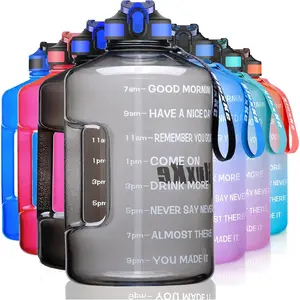 1 Gallon Motivational  Water Bottle with Time Marker,  128oz Leak Proof Jug, Black, Plastic, 128 ounces, Fitness, , Outdoor Activities