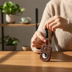 Unisex Hand-Carved Jujube Wood Pendant - Naturally Lightning-Struck, Dragon-Swirling Taiji Bagua Design, Symbolic Deity & Life Growth Inscription, Portable Fashion Accessory Charm summerwins,summerwins
