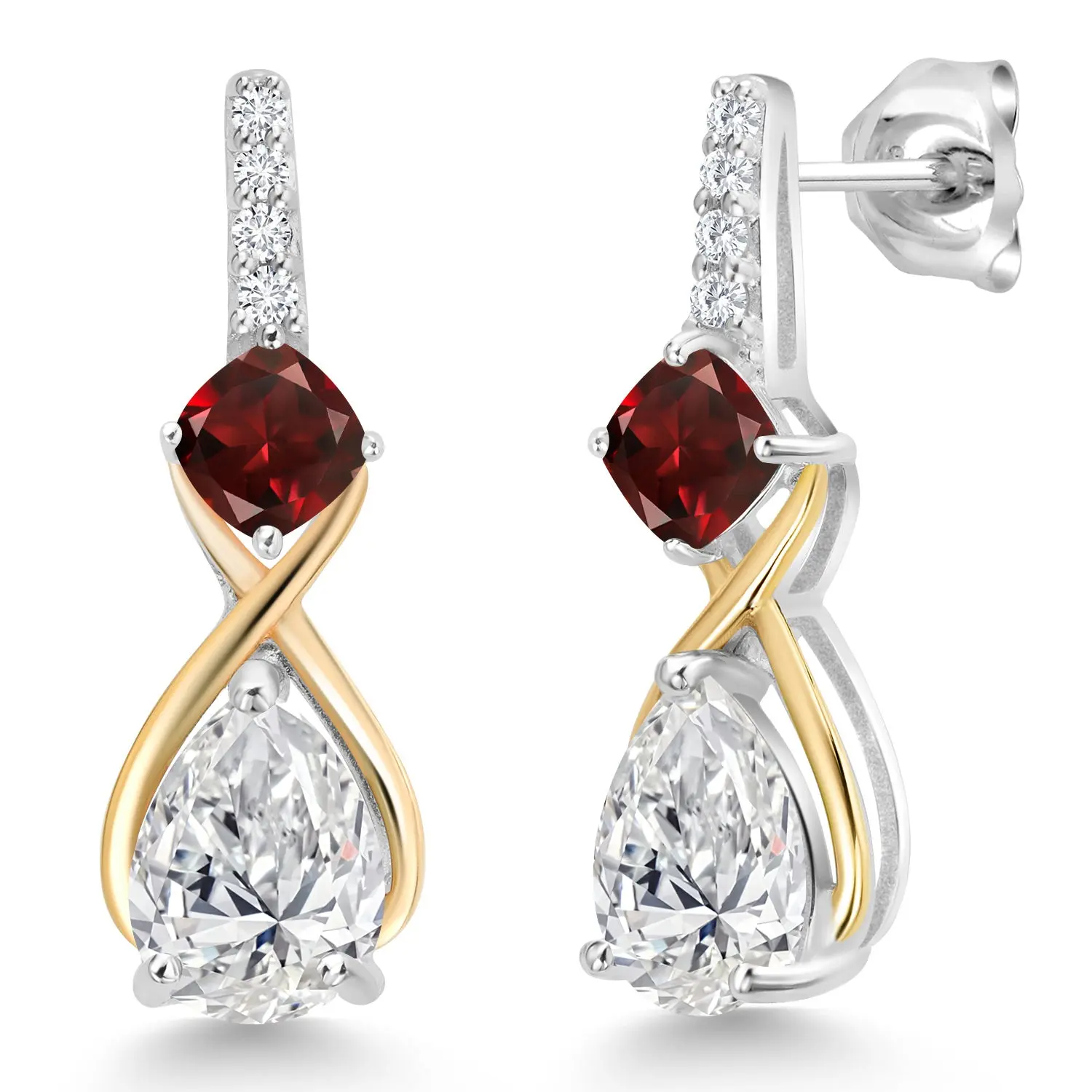 925 Sterling Silver & 10K Yellow Gold IGI Certified Lab Grown Diamond & Red Garnet Dangle Earrings For Women | 2.51 Cttw | Pear Shaped Diamonds Each 1 Ct | D-E Color | VS1-VS2 Clarity