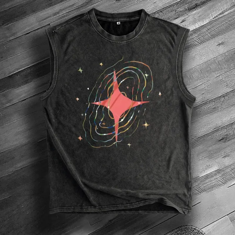 Men's Loose Vintage Galaxy Print Tank Top Vest, Casual Comfy Summer Sleeveless Top for Daily Wear, Men's Clothes for All Seasons, Menswear, Socks, Garments, Vest Tops