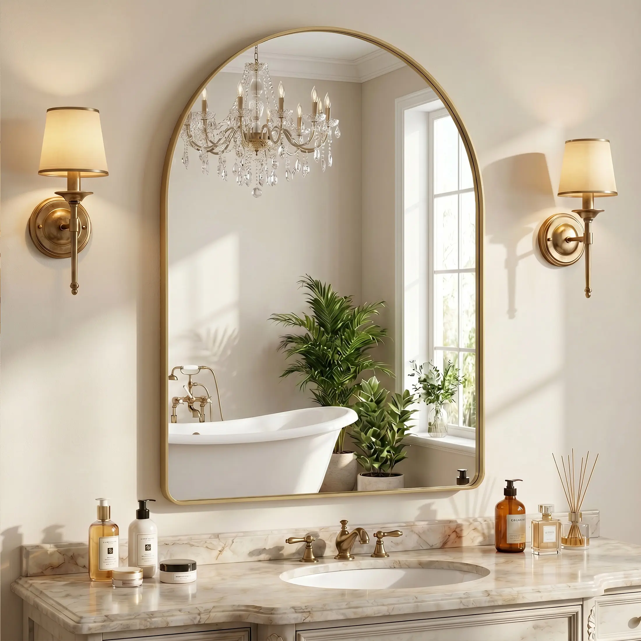 Luxury Arched Bathroom Mirror - Classic Style, Shatterproof Tempered Glass, Metal Deep Frame, Hanging or Leaning Mount, for Bathroom Use and Home Decor | Home Supplies Mirrors, Bathroom Decor
