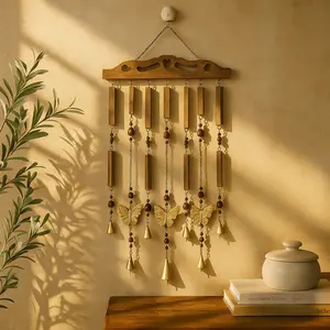 Butterfly Brown Wood Indoor Outdoor Windchime with Beads and Cone Bells