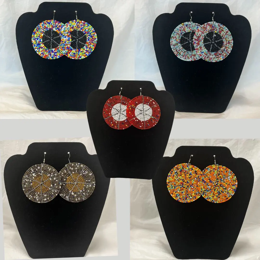 Handmade African Beaded Circular Earrings - Unique Design, Handcrafted, Durable, Traditional Artisanal Jewelry