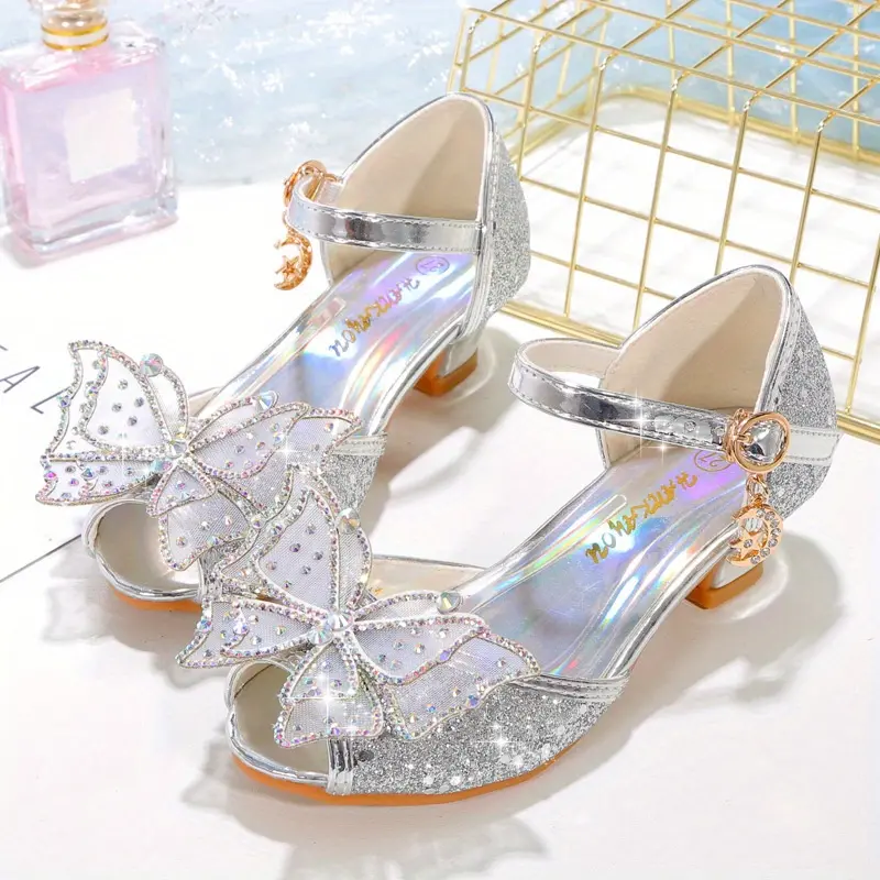 2026 Summer New Korean Fish Mouth PU Leather Sandals for Girls - Bling Butterfly, Rhinestone, Height-Increase Footwear for Little Princesses