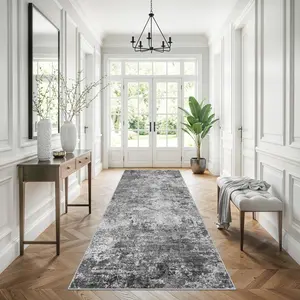 4x10ft Extra Wide Hallway Rug: Non-Slip Washable Large Carpet Runner for Kitchen Entryway Modern Abstract Low-Pile Soft Indoor Floor Mat for Bedroom Living Room Dining Room (Black/Grey/White, 4X10)