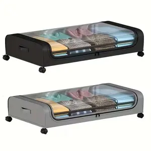 2PCS Under Bed Storage Containers with Wheels & Lid - Metal Underbed Rolling Storage Bins for Clothes, Bedding, Shoes, Blankets, Books & Toys